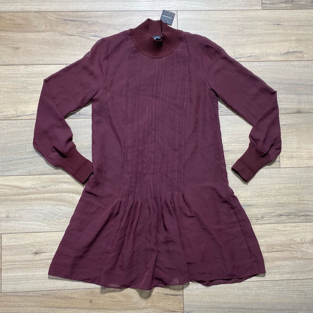 Club Monaco Womens Pintuck Rib Dress Size 00 Burgundy Relaxed Fit Mockneck